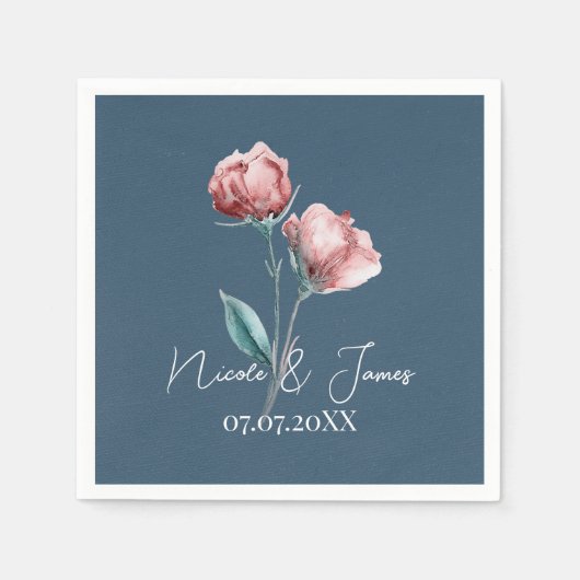 ほこりっぽい青モダン灰色の水色のフローラ結婚 スタンダードカクテルナプキン (正面)