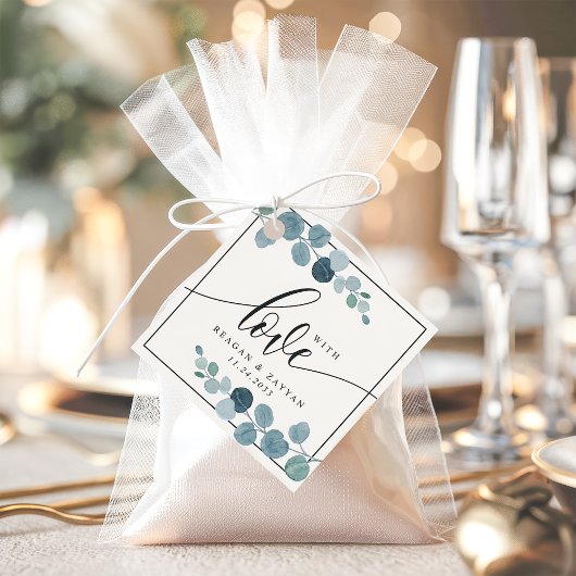 ほこりっぽい青ユーカリ結婚カリの緑と愛 フェイバータグ