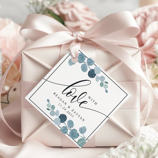 ほこりっぽい青ユーカリ結婚カリの緑と愛 フェイバータグ