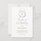 ほこりっぽい青リース |バプテスマと誕生日 招待状 (正面)