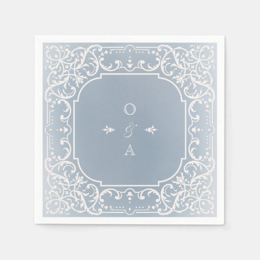 ほこりっぽい青ロマンエレガントティックヴィンテージモノグラム スタンダードカクテルナプキン (正面)
