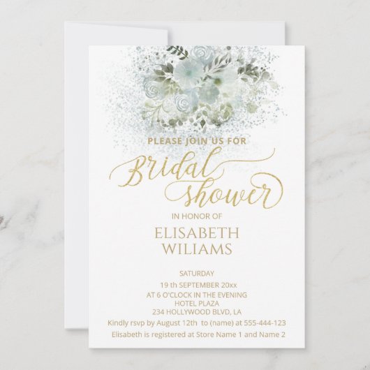 ほこりっぽい青ロマンチックなフローラ金ゴールド書 招待状 (正面)