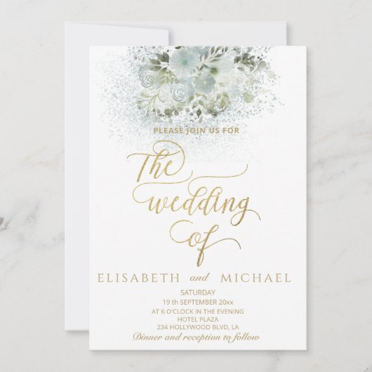 ほこりっぽい青ロマンチックなフローラ金ゴールド書 招待状 (正面)