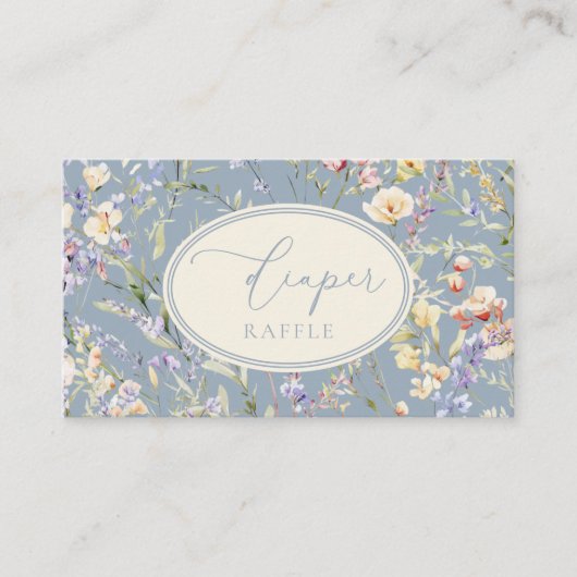 ほこりっぽい青ワイルドフラワーおむつラッフル エンクロージャーカード (正面)