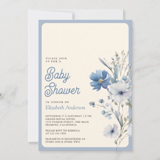 ほこりっぽい青ワイルドフラワーフォトQRコードベビーシャワー 招待状 (正面)