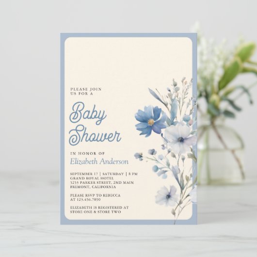 ほこりっぽい青ワイルドフラワーフォトQRコードベビーシャワー 招待状 (スタンド正面)