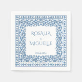 ほこりっぽい青ヴィンテージ縁ど結婚フローラ スタンダードカクテルナプキン (正面)