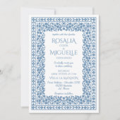 ほこりっぽい青ヴィンテージ縁ど結婚フローラ 招待状 (正面)