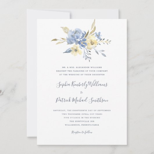 ほこりっぽい青伝統的フローラ+結婚文言 招待状 (正面)