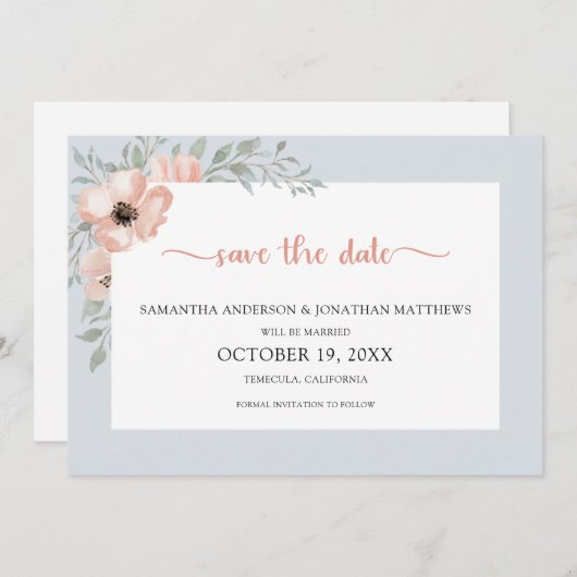 ほこりっぽい青桃の水色フローラ保存日 セーブザデート (正面/裏面)