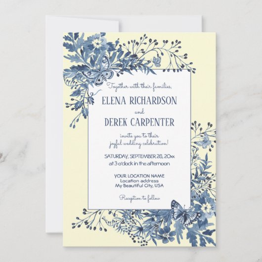 ほこりっぽい青淡い色の黄フローラ水の色結婚の 招待状 (正面)