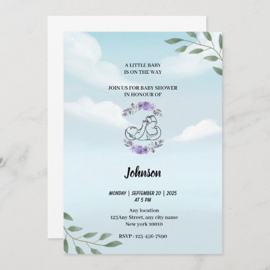 ほこりっぽい青空の白い雲の赤モダンちゃんシャワー 招待状 (正面/裏面)