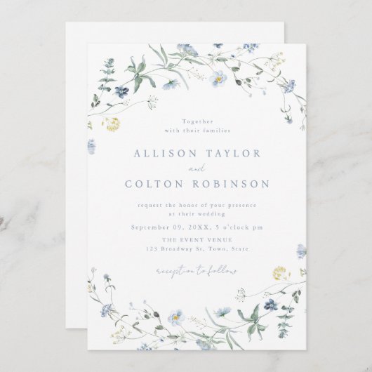 ほこりっぽい青素朴い野結婚花ボホの写真 招待状 (正面/裏面)