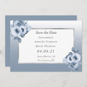 ほこりっぽい青結婚い白の花模様日付を保存 案内状 (正面/裏面)
