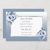 ほこりっぽい青結婚い白の花模様日付を保存 案内状 (正面/裏面)