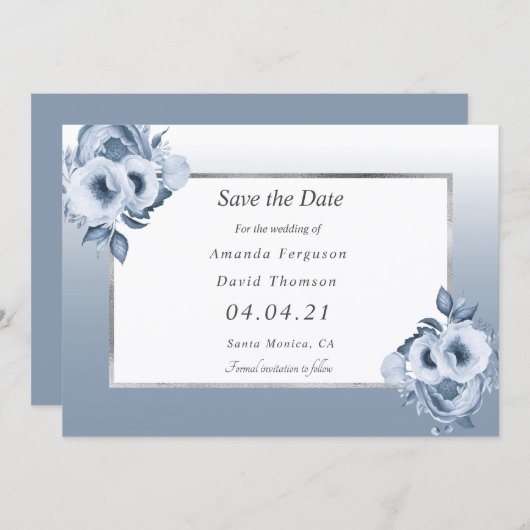 ほこりっぽい青結婚い白の花模様日付を保存 案内状 (正面/裏面)