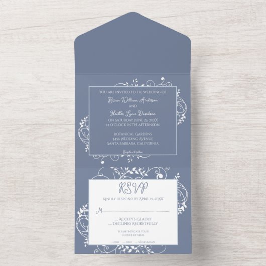 ほこりっぽい青結婚が一つの招待状で花開く オールインワン招待状 (内側)