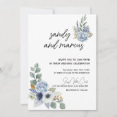 ほこりっぽい青結婚花の写真招待状 招待状 (正面)