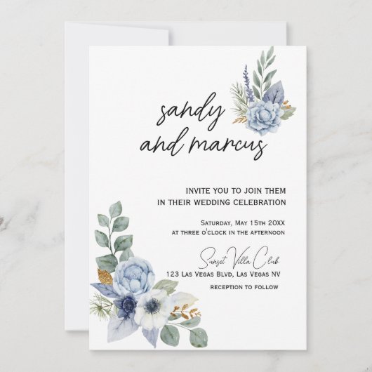 ほこりっぽい青結婚花の写真招待状 招待状 (正面)