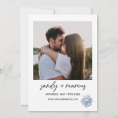 ほこりっぽい青結婚花の写真招待状 招待状 (裏面)