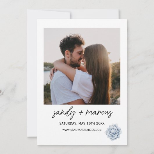 ほこりっぽい青結婚花の写真招待状 招待状 (裏面)