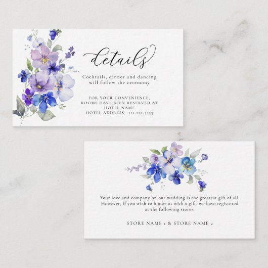 ほこりっぽい青薄紫紫結婚の花の詳細 エンクロージャーカード (正面/裏面)