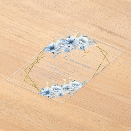 ほこりっぽい青金ゴールド山花最初の聖餐式 アクリル招待状 (レイダウン)