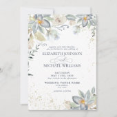 ほこりっぽい青金ゴールド水カラーフローラスクリプト結婚の 招待状 (正面)