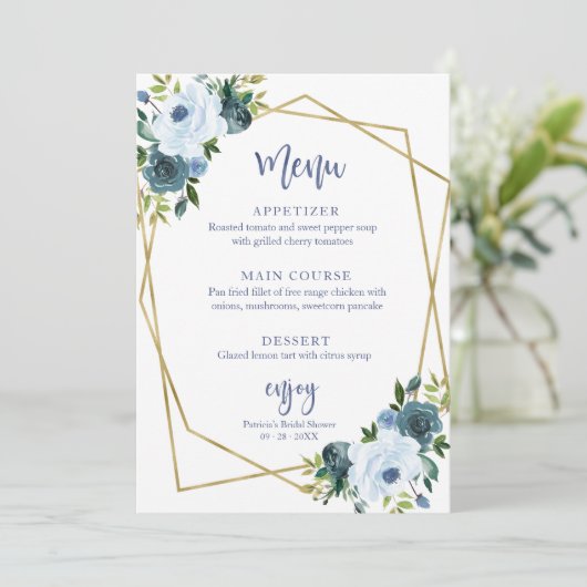 ほこりっぽい青金ゴールド水彩ブライダルシャワーメニュー 招待状 (スタンド正面)