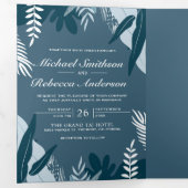 ほこりっぽい青離れ色のトロピカルパ結婚ーム 三つ折り招待状 (内部最初)