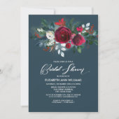 ほこりっぽい青 |ブルゴーニュレッド開花ブライダルシャワー 招待状 (正面)
