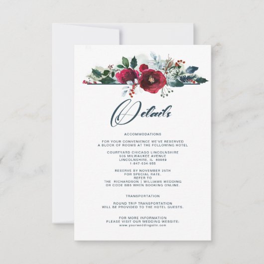 ほこりっぽい青 |ブルゴーニュ開花結婚の詳細カード 招待状 (正面)