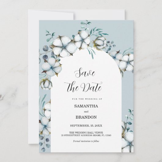ほこりっぽい青、綿の花、アーチ日付を保存 招待状 (正面)