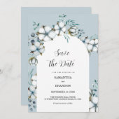 ほこりっぽい青、綿の花、アーチ日付を保存 招待状 (正面/裏面)