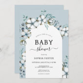 ほこりっぽい青、綿の花、白いアーチ赤ちゃんシャワー 招待状 (正面/裏面)