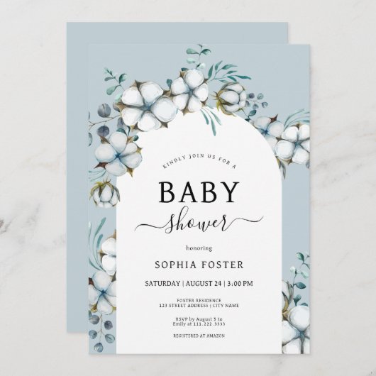 ほこりっぽい青、綿の花、白いアーチ赤ちゃんシャワー 招待状 (正面/裏面)
