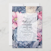 ほこりっぽい青、赤いピンクとシルバーフローラルウェディング 招待状 (正面)