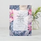 ほこりっぽい青、赤いピンクとシルバーフローラルウェディング 招待状 (スタンド正面)