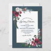 ほこりっぽい青 | Burgundy Red開花冬の結婚式 招待状 (正面)