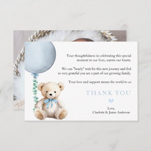 ほこりっぽい青bearly待って赤ちゃんシャワーありがとう サンキューカード (正面/裏面)