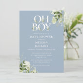 ほこりっぽい青Oh男の子の緑の写真ベビーシャワー 招待状 (スタンド正面)