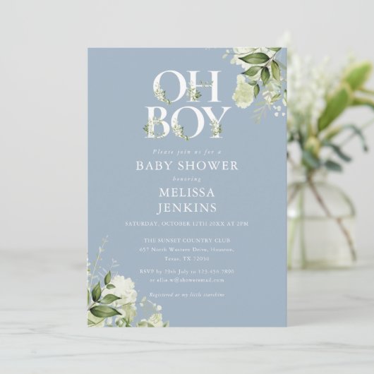 ほこりっぽい青Oh男の子の緑の写真ベビーシャワー 招待状 (スタンド正面)