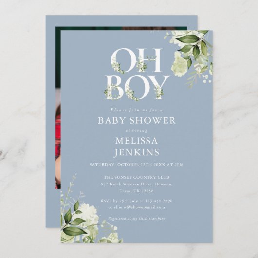 ほこりっぽい青Oh男の子の緑の写真ベビーシャワー 招待状 (正面/裏面)