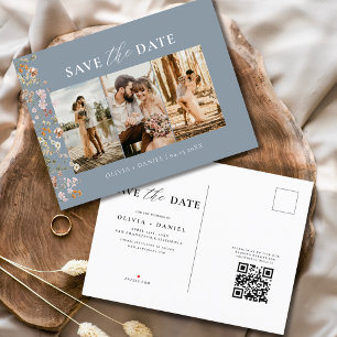 ほこりっぽい青QRコードワイルドフラワー結婚フローラ 案内ポストカード