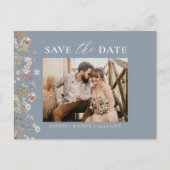 ほこりっぽい青QRコードワイルドフラワー結婚フローラ 案内ポストカード (正面)