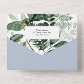 ほこりっぽいBLue、水彩植物緑のボホアーチ オールインワン招待状 (裏面)
