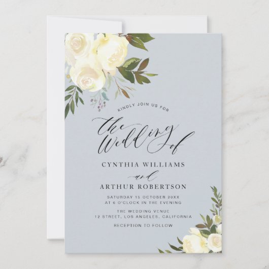 ほこりの多い青い緑のアイボリーフローラ 招待状 (正面)