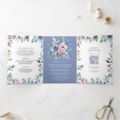 ほこりまみれのペリウィンクルブルーピンクフローラQRコード結婚s 三つ折り招待状 (内部)