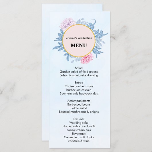 ほこりまみれの青い水の色、多肉質の卒業ディナー メニュー (正面/裏面)