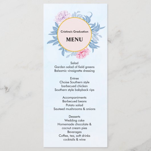 ほこりまみれの青い水の色、多肉質の卒業ディナー メニュー (正面)